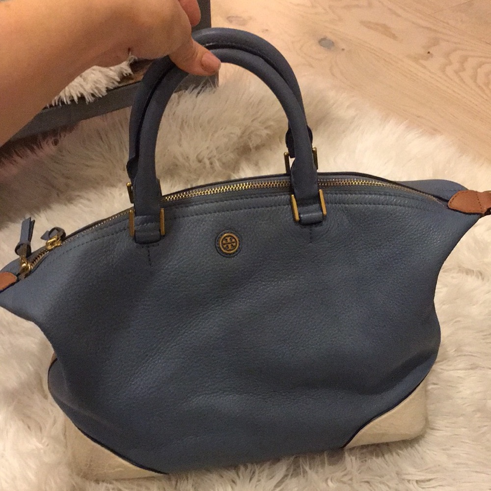 Tory Burch blue & white bowler bag